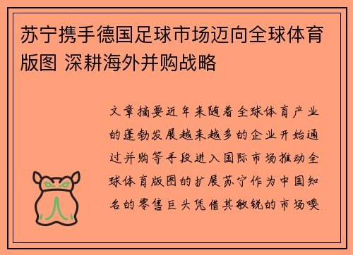 苏宁携手德国足球市场迈向全球体育版图 深耕海外并购战略